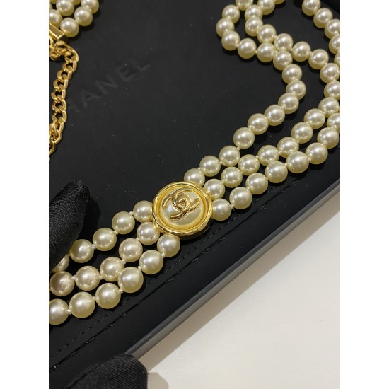 Chanel 24A Haute Couture Button Double-C Pearl Waist Chain