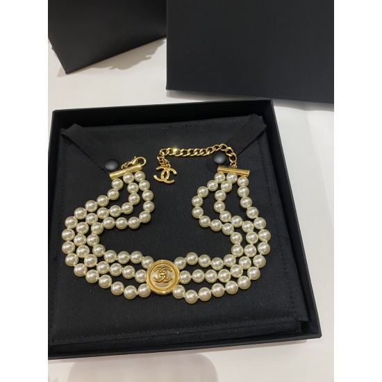 Chanel 24B Triple-Layer Pearl CC Vintage Choker Necklace