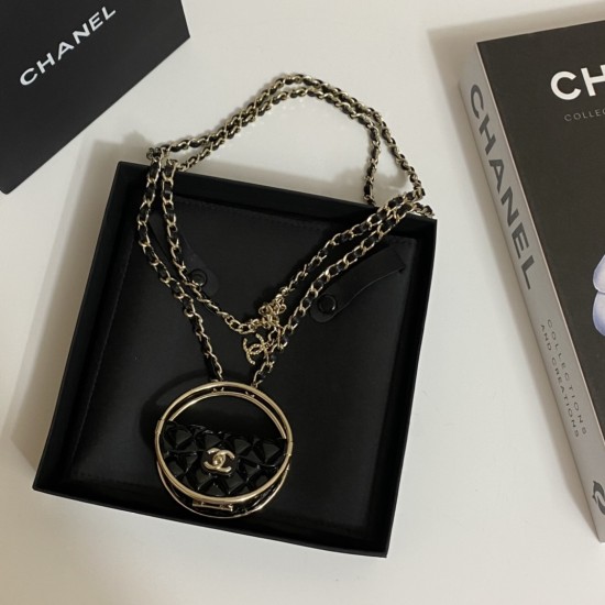 Chanel  Metal Resin Quilted Flap Bag Hoop Mirror Necklace Black Gold