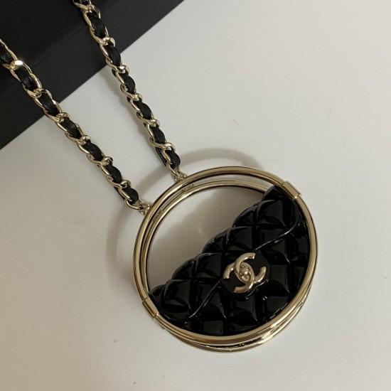 Chanel  Metal Resin Quilted Flap Bag Hoop Mirror Necklace Black Gold