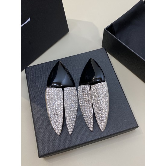 Saint Laurent Crystal Articulated Geometric Clip On Earrings Silver Black