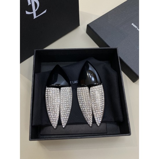 Saint Laurent Crystal Articulated Geometric Clip On Earrings Silver Black