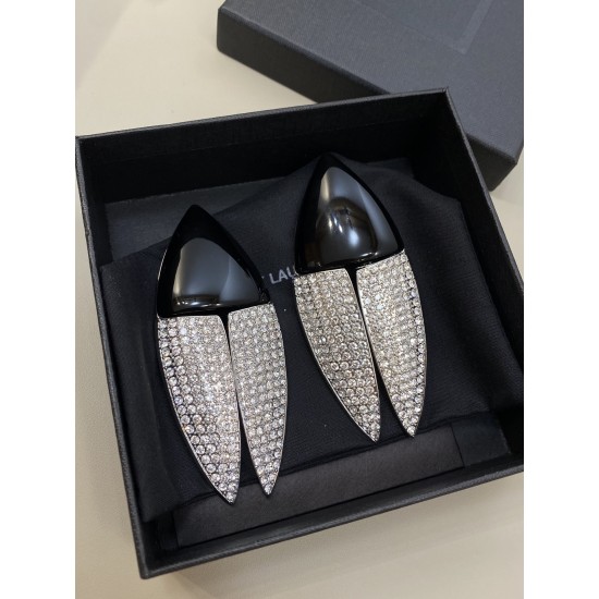 Saint Laurent Crystal Articulated Geometric Clip On Earrings Silver Black