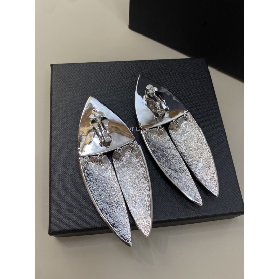 Saint Laurent Crystal Articulated Geometric Clip On Earrings Silver Black