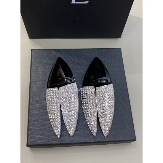 Saint Laurent Crystal Articulated Geometric Clip On Earrings Silver Black