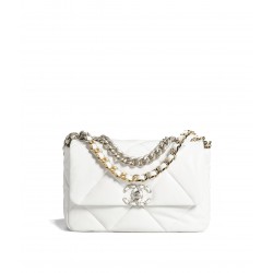 CHANEL 19 Handbag Shiny Lambskin|Gold-Tone Silver-Tone & Ruthenium-Finish Metal  White