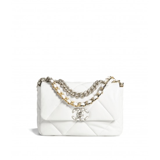 CHANEL 19 Handbag Shiny Lambskin|Gold-Tone Silver-Tone & Ruthenium-Finish Metal White CHANEL 19 Handbag Shiny Lambskin|Gold-Tone Silver-Tone & Ruthenium-Finish Metal White