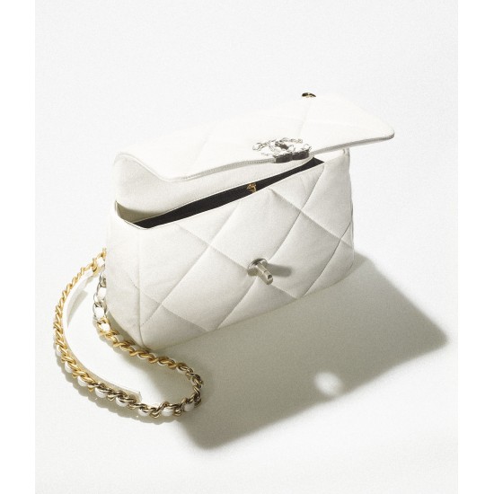 CHANEL 19 Handbag Shiny Lambskin|Gold-Tone Silver-Tone & Ruthenium-Finish Metal White CHANEL 19 Handbag Shiny Lambskin|Gold-Tone Silver-Tone & Ruthenium-Finish Metal White