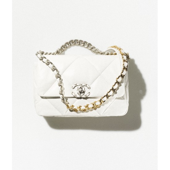 CHANEL 19 Handbag Shiny Lambskin|Gold-Tone Silver-Tone & Ruthenium-Finish Metal White CHANEL 19 Handbag Shiny Lambskin|Gold-Tone Silver-Tone & Ruthenium-Finish Metal White