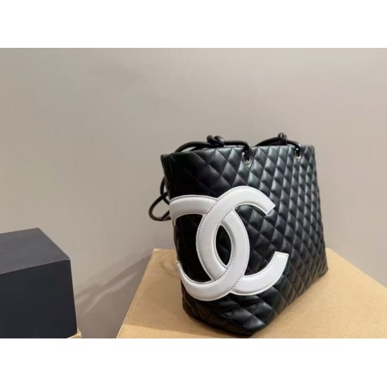 CHANEL Calfskin Quilted Large Cambon Tote Black White