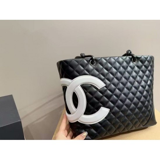 CHANEL Calfskin Quilted Large Cambon Tote Black White