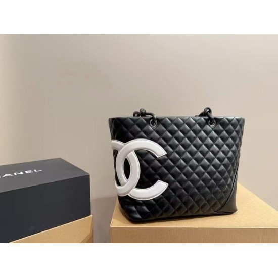 CHANEL Calfskin Quilted Large Cambon Tote Black White