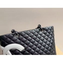 CHANEL Calfskin Quilted Large Cambon Tote Black White
