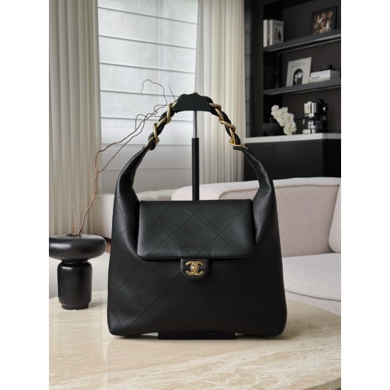 Chanel 25K Hippie Hobo Bag - Oversized Quilted Black Leather with Chunky Aged Gold Chain