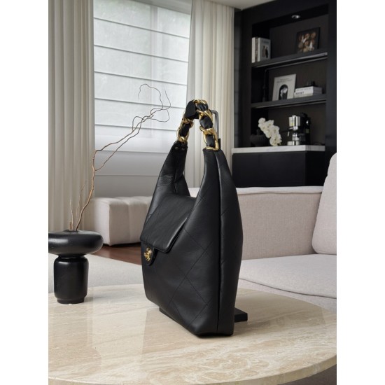 Chanel 25K Hippie Hobo Bag - Oversized Quilted Black Leather with Chunky Aged Gold Chain
