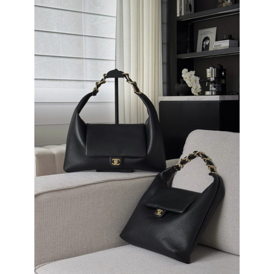 Chanel 25K Hippie Hobo Bag - Oversized Quilted Black Leather with Chunky Aged Gold Chain