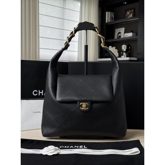 Chanel 25K Hippie Hobo Bag - Oversized Quilted Black Leather with Chunky Aged Gold Chain