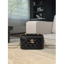 Chanel 25S Vanity Case with Double Golden Ball - Quilted Black Leather with Mirror