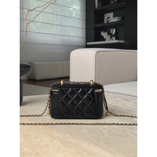 Chanel 25S Vanity Case with Double Golden Ball - Quilted Black Leather with Mirror