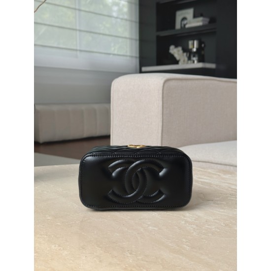 Chanel 25S Vanity Case with Double Golden Ball - Quilted Black Leather with Mirror