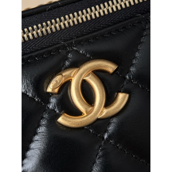 Chanel 25S Vanity Case with Double Golden Ball - Quilted Black Leather with Mirror
