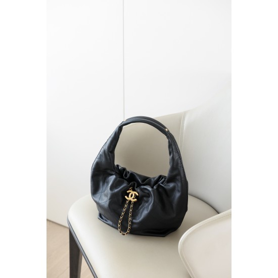 Chanel 26C Drawstring Hobo Bag – Black Calfskin with Vintage Gold Hardware