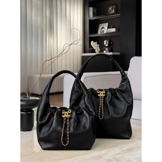 Chanel 26C Drawstring Hobo Bag – Black Calfskin with Vintage Gold Hardware