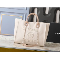 Chanel Deauville Large Pearl Embellished Canvas Tote Bag Off White