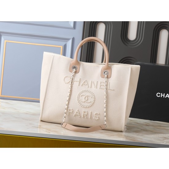 Chanel Deauville Large Pearl Embellished Canvas Tote Bag Off White