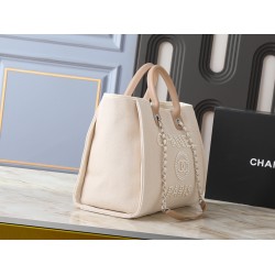 Chanel Deauville Large Pearl Embellished Canvas Tote Bag Off White