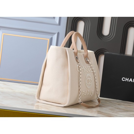 Chanel Deauville Large Pearl Embellished Canvas Tote Bag Off White