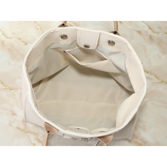 Chanel Deauville Large Pearl Embellished Canvas Tote Bag Off White