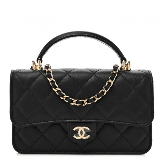 Chanel Lambskin Quilted Flap Phone Holder With Chain｜Black