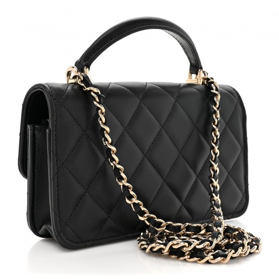 Chanel Lambskin Quilted Flap Phone Holder With Chain｜Black