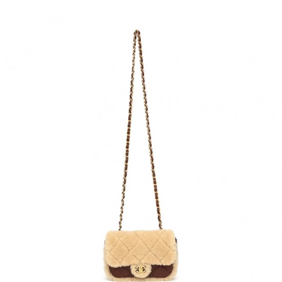 Chanel Mini Shearling Flap Bag Brown Lambskin Brushed Gold Hardware