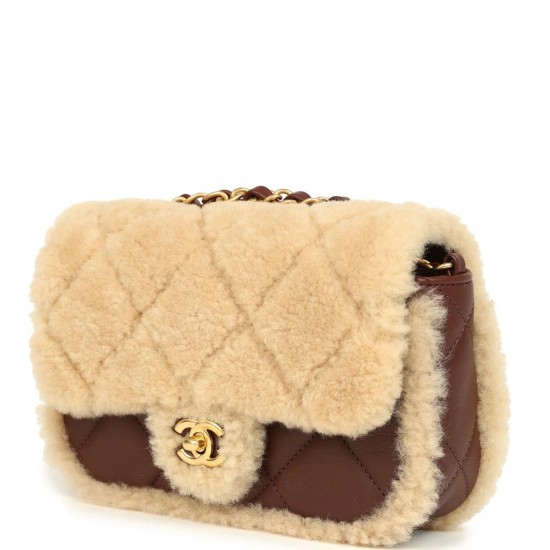 Chanel Mini Shearling Flap Bag Brown Lambskin Brushed Gold Hardware