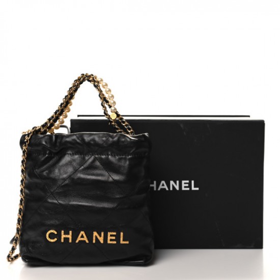 Chanel  Shiny Crumpled Calfskin Quilted Pearl Mini Chanel 22 Black