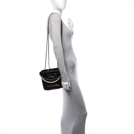 Chanel  Shiny Crumpled Calfskin Quilted Pearl Mini Chanel 22 Black