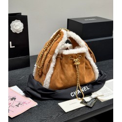 Chanel Small 25 Hobo Bag Beige Suede and White Shearling Antique Gold Hardware