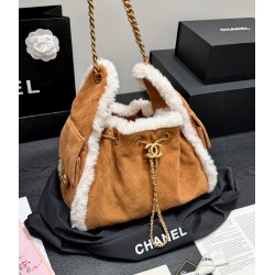 Chanel Small 25 Hobo Bag Beige Suede and White Shearling Antique Gold Hardware