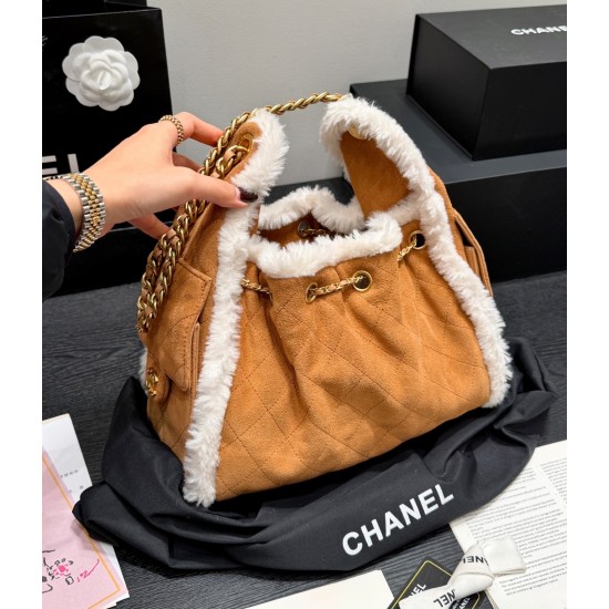 Chanel Small 25 Hobo Bag Beige Suede and White Shearling Antique Gold Hardware