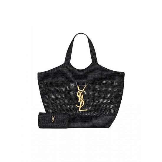 Saint Laurent Icare Tote Bag in Raffia- Black