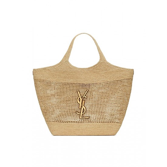 Saint Laurent Icare Tote Bag in Raffia- Naturel And Brown Gold