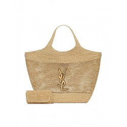 Saint Laurent Icare Tote Bag in Raffia- Naturel And Brown Gold