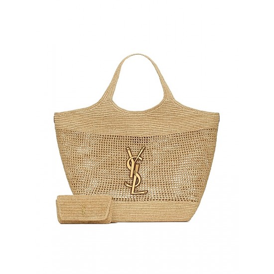 Saint Laurent Icare Tote Bag in Raffia- Naturel And Brown Gold