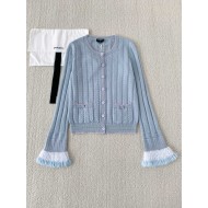 Chanel 2025 Striped Fringe Bell Sleeve Cardigan  Blue Knit Sweater