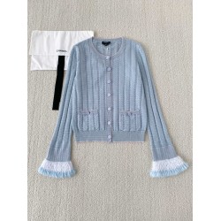 Chanel 2025 Striped Fringe Bell Sleeve Cardigan  Blue Knit Sweater