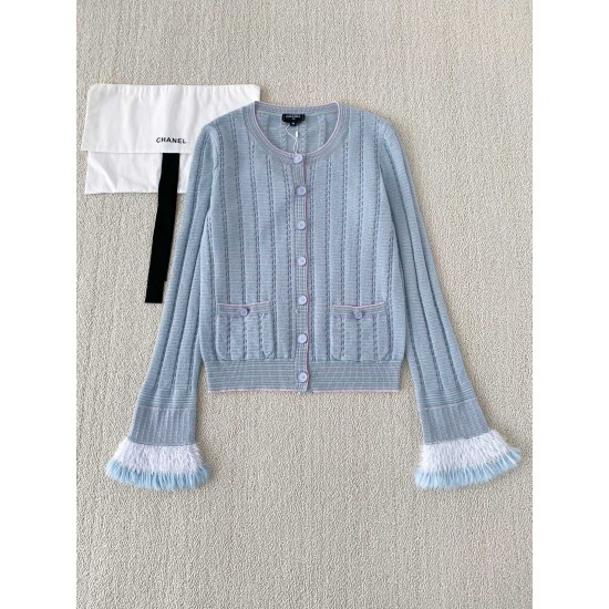 Chanel 2025 Striped Fringe Bell Sleeve Cardigan  Blue Knit Sweater