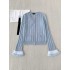 Chanel 2025 Striped Fringe Bell Sleeve Cardigan  Blue Knit Sweater