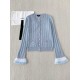 Chanel 2025 Striped Fringe Bell Sleeve Cardigan  Blue Knit Sweater